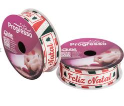 Fita de Cetim 22 mm Frase Feliz Natal Selos de Cartão Postal 10 mt Fitas Progresso - Inspire sua Festa Loja