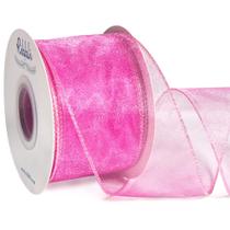 Fita de fita com fio de organza 6,35 cm x 18,3 m rosa choque