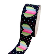 Fita De Gorgurão Preto Estampa Corações Arco Íris 38mm Rolo 9 MT