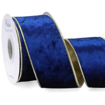 Fita decorativa: 6,35 cm x 9,1 m, veludo azul, borda dourada Fita decorativa: 6,35 cm x 9,1 m, veludo azul, borda dourada