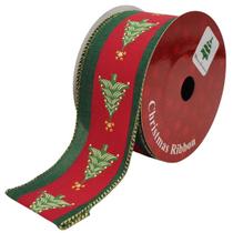 Fita decorativa aramada em linho verde com estampa de árvore de Natal 6,3 cm x 9 metros Fita decorativa aramada em linho verde com estampa de árvore de Natal 6,3 cm x 9 metros