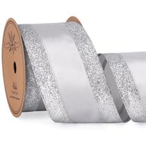 Fita decorativa de 6,4 cm com fio, cetim, prata, glitter 9,1 cm Fita decorativa de 6,4 cm com fio, cetim, prata, glitter 9,1 cm