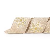 Fita Decorativa Floco de Neve Beje Branco Dourado 6,3cm - Cromus