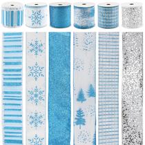 Fita decorativa MAYREEL 2,5" azul prateada com fio 36 jardas