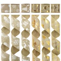 Fita decorativa MEEDEE Serapilheira com fio de 6,3 cm dourada branca Fita decorativa MEEDEE Serapilheira com fio de 6,3 cm dourada branca