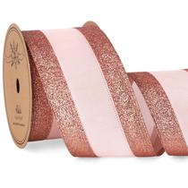 Fita decorativa Ribbli em ouro rosa com glitter com fio 6,35 cm e 9 cm