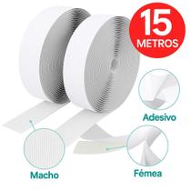 Fita Fecho Adesivo Tipo tiras autocolantes Dupla Face 15 Metros 20mm Branco Macho e Fêmea Forte