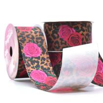Fita Gorgurão Animail Print Leopardo Floral 38mm 10 Metros - Progresso