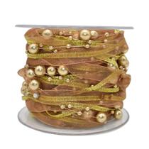 Fita HDST-HOME 10M Gold Pearl Bead Organza com acabamento em renda