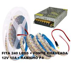 Fita led 240 leds 2835 5M 12V Branco Neutro 4000K 24W/Metro + Fonte Chaveada Colméia 10A 12V Bivolt + Rabicho Macho P4