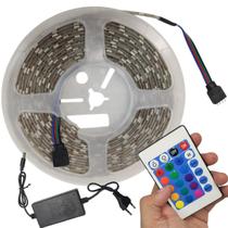 Fita Led 5 Metros RGB SMD 5050 Fonte Controle Fita Dupla Face Iluminaçao Sala Quarto Mesa Teto Sanca Gesso Espelho Ambiente Vitrine