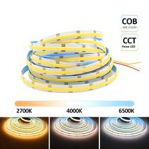 Fita LED COB CCT Dimmable De 5M Com 608 LEDs 12V 24V DC 10MM Flexível Luz Branca Dupla 6500K 3000K