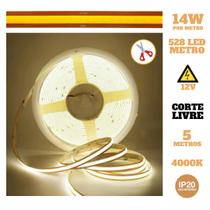 Fita LED COB Corte Livre 14W 528 LEDs 12V IP20 5 Metros Neutro 4000K