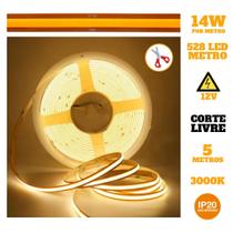 Fita LED COB Corte Livre 14W 528 LEDs 12V IP20 5 Metros Quente 3000K