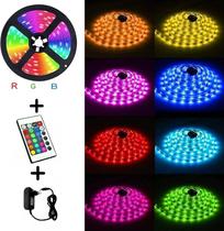 Fita Led Rgb 5050 Colorida Com Cola 10m Kit Completo Bivolt + Fonte