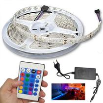 Fita Led SMD 5050 RGB 5 Metros Controle Fonte Fita Dupla Face Decoraçao Iluminaçao Sala Quarto Mesa Sanca Gesso Teto Vitrine Espelho Ambiente Externo