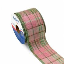 Fita Natal Xadrez Rosa Verde Dourada Aramada 63mm Rolo 9 Metros Luxo Laço Arvore Candy Artesanato Fita Natal Xadrez Rosa Verde Dourada Aramada 63mm Rolo 9 Metros Luxo Laço Arvore Candy Artesanato