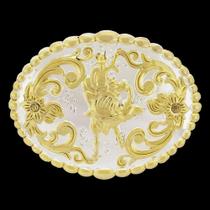 Fivela Country Oval Montaria em Touro com Banho Dourado e Prata - Rodeo West 18924