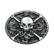 Fivela de cinto com design de caveira e cobra em liga prateada 85g 8x6,2 cm Fivela de cinto com design de caveira e cobra em liga prateada 85g 8x6,2 cm