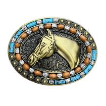 Fivela de cinto Horse Head, estilo ocidental, turquesa e madeira Fivela de cinto Horse Head, estilo ocidental, turquesa e madeira