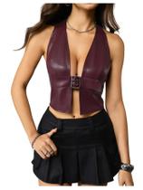 Fivela de couro PU Top MakeMechic Y2K Halter Crop Burgundy