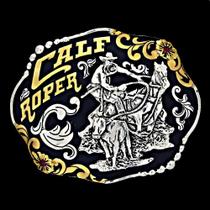 Fivela Master Calf Roper Fundo Negro com Banho Dourado e Prata