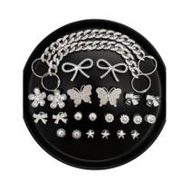 Fivelas De Sapato De Resina ABS Prateadas Da Moda, 24 Peças, Correntes De Strass, Laços, Estrelas, Fivelas De Sapato De Resina ABS Prateadas Da Moda, 24 Peças, Correntes De Strass, Laços, Estrelas,