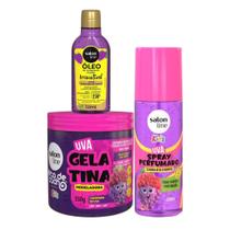Fixação, Proteção e Perfume: Gelatina Kids, Óleo 50ml e Spray Uva Salon Line Fixação, Proteção e Perfume: Gelatina Kids, Óleo 50ml e Spray Uva Salon Line