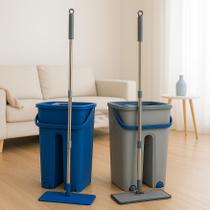 Flat Mop Com 2 Refis Esfregão Com Balde Rodo Mágico Giratório 360º Limpeza Pesada Lava Seca Tira Pó