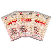 Flocos de Arroz Caramelizado Sem Glúten Okoshi contento 3 pacotes de 200g cada