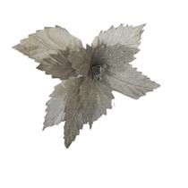 Flor Artificial Natalina Poinsétia Tecido Prata Haste