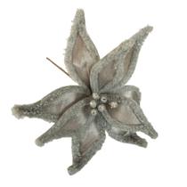 Flor Artificial Natalina Poinsétia Veludo Prata Haste 50cm