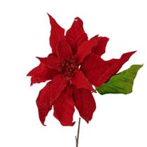 Flor Artificial Natalina Poinsétia Veludo Vermelha Com Haste 55cm