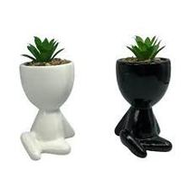Flor Artificial Suculenta Com Vaso Robert Plant Sentado De Porcelana Preto / Branco 14x8cm
