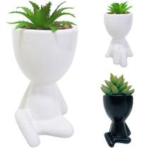 Flor artificial suculenta com vaso robert plant sentado de porcelana preto / branco 14x8cm