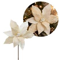 Flor Bico de Papagaio Natalina Luxo Branco Cristal e Creme Tecido Frisado Lantejoulas Furta-Cor 36cm Pick Decorativo Flor Bico de Papagaio Natalina Luxo Branco Cristal e Creme Tecido Frisado Lantejoulas Furta-Cor 36cm Pick Decorativo