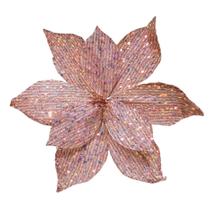 Flor Bico de Papagaio Pick Natalino Glitter e Lantejoulas Rosê Luxo 30cm