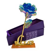 Flor Brilhante Azul Artificial 24k Folha Plástico Na Caixa Com Suporte Love