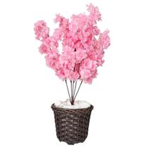 Flor Cerejeira Pessegueiro Artificial + Vaso Trançado Pedra