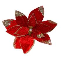 Flor de natal poinsetia tecido vermelha com brilho 32cm 2un