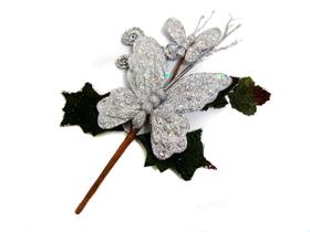 Flor Decoração Borboleta Natal Prata 52cm Com Glitter Flor Decoração Borboleta Natal Prata 52cm Com Glitter