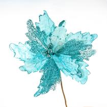 Flor Decoração De Natal Artificial Glitter Azul 30cm