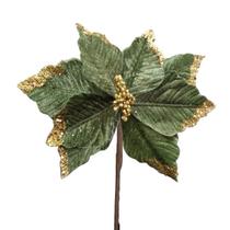 Flor Decorativa Poinsetia Verde Ouro com Glitter 30cm - 1 Unidade