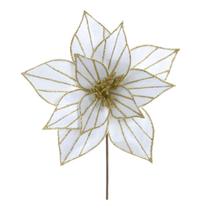 Flor Natal Bico Papagaio Veludo Branco Glitter Dourado 20cm Ornamento Poinsétia Árvore Enfeite