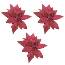 Flor Natalina Arvore Pick Bico De Papagaio Tecido Bordô Vinho Glitter 24Cm