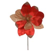 Flor Natalina Magnolia Veludo Vermelho Champagne Glitter