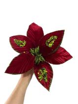 Flor Natalina Poinsetia Vermelho com Verde Lantejoula Brilho Flor Natalina Poinsetia Vermelho com Verde Lantejoula Brilho