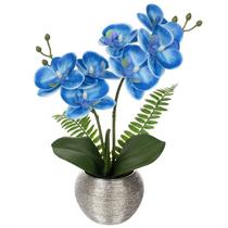 Flores artificiais de orquídea azul brilhante com vaso prateado de 33 cm