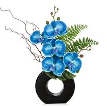 Flores artificiais de seda de orquídea azul brilhante com vaso preto de 41 cm
