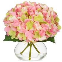 Flores artificiais Hollyone Hydrangea com vaso de vidro rosa-verde